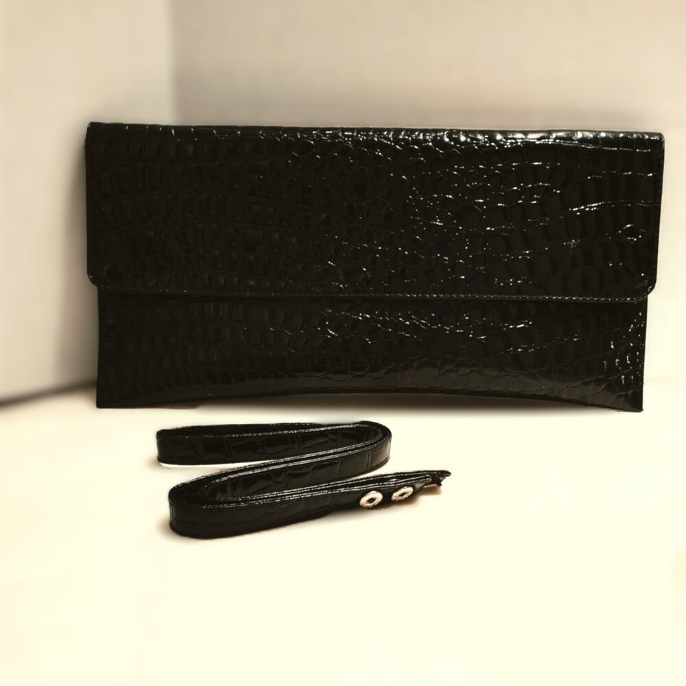 BLACK FAUX CROCODILE CLUTCH/SHOULDER PURSE